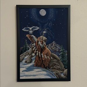 Framed Native American Art with Owl - Brown and Black